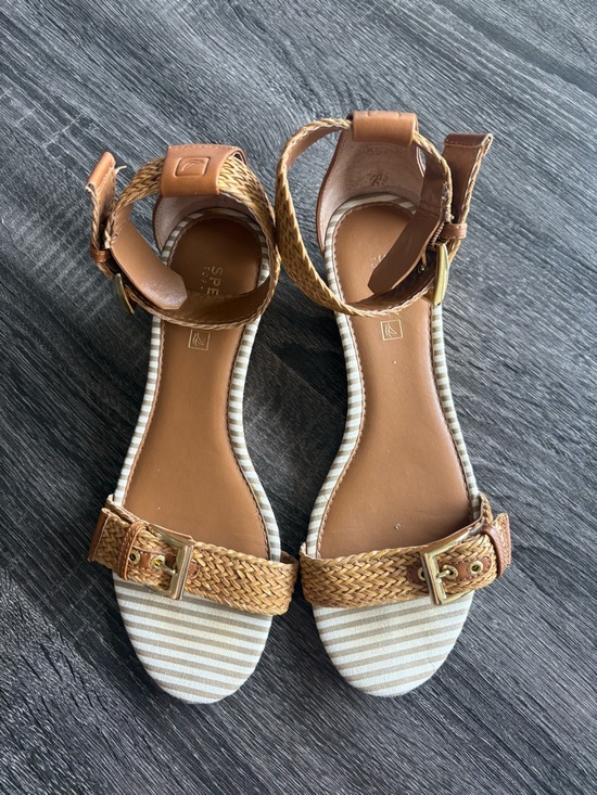 Sperry Shoes - Sperry Tan Braided Ankle-Strap Sandals with Striped Toe